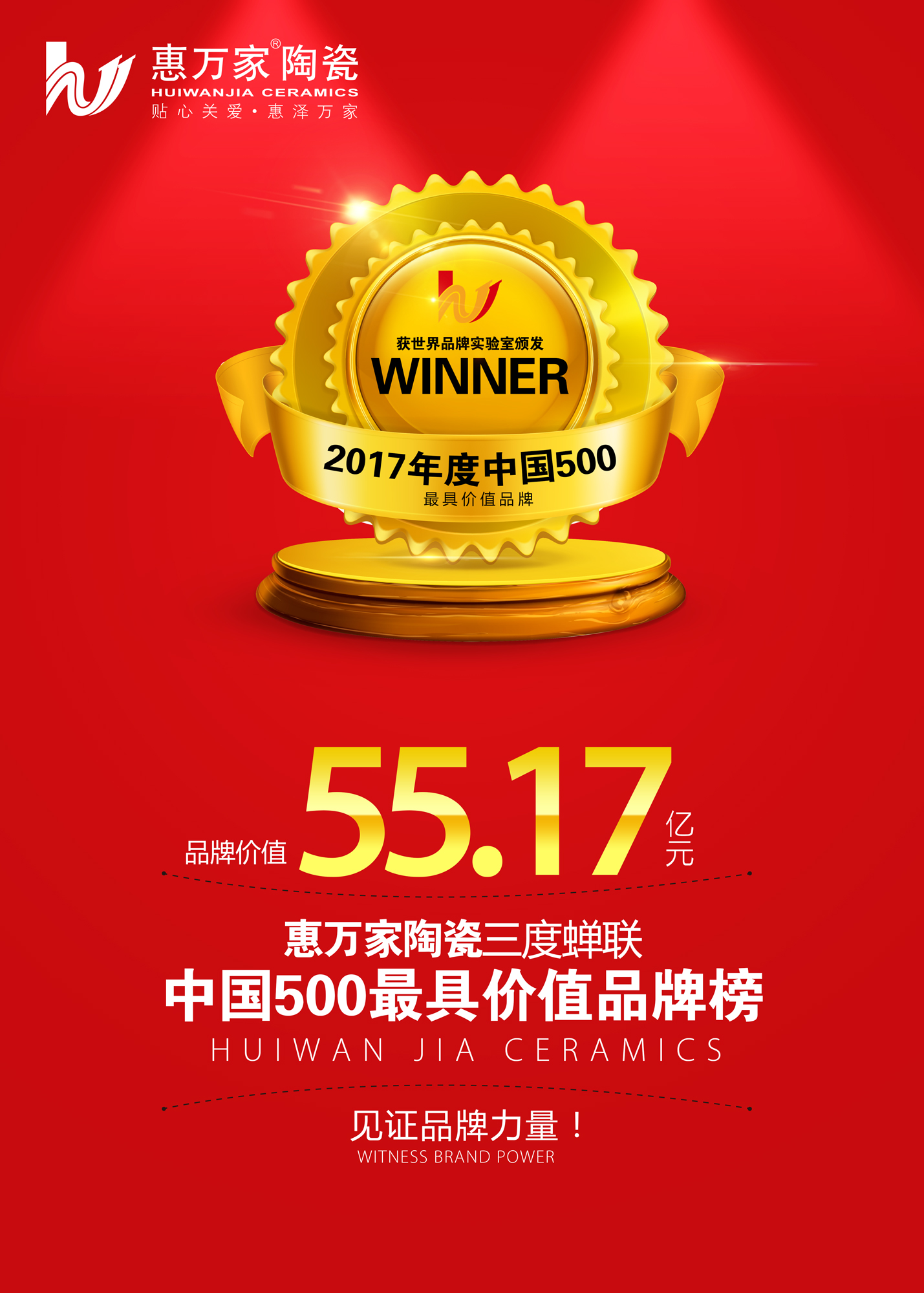 品牌价值55.17亿元！惠万家陶瓷三度蝉联“中国500最具价值品牌榜”